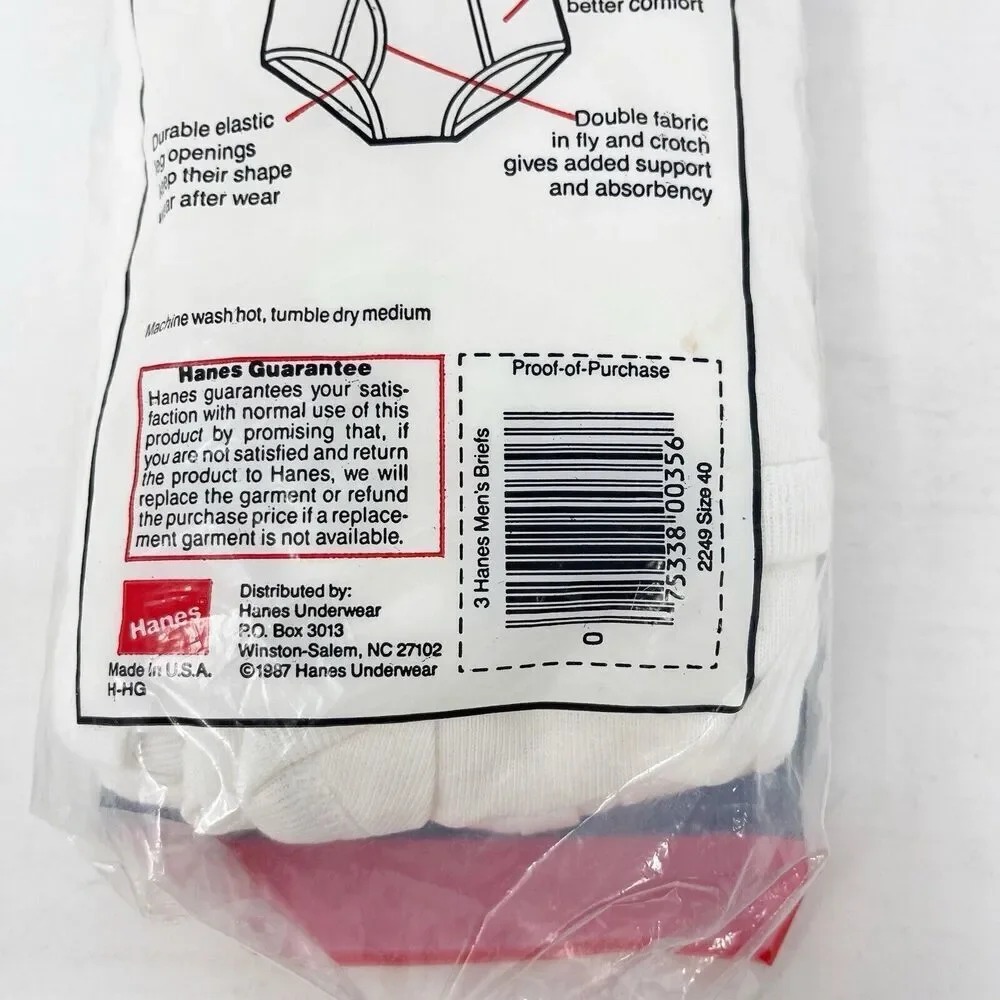 NOS 1987 Hanes 3-pack Men’s‎ Briefs underwear Size 40 Made In USA 3 Pack